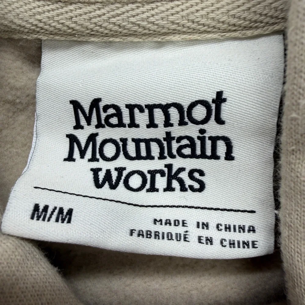 Marmot Mountain Works Mens Hoodie Tan Beige Graphic Mountain Pullover M